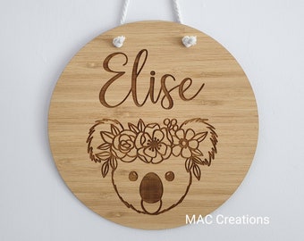 Koala Bamboo Personalised Wall Plaque - Round - Floral - Flower - ANY Name - Wooden Wall Hanging - Children's decor - Birth Gift - Circle -
