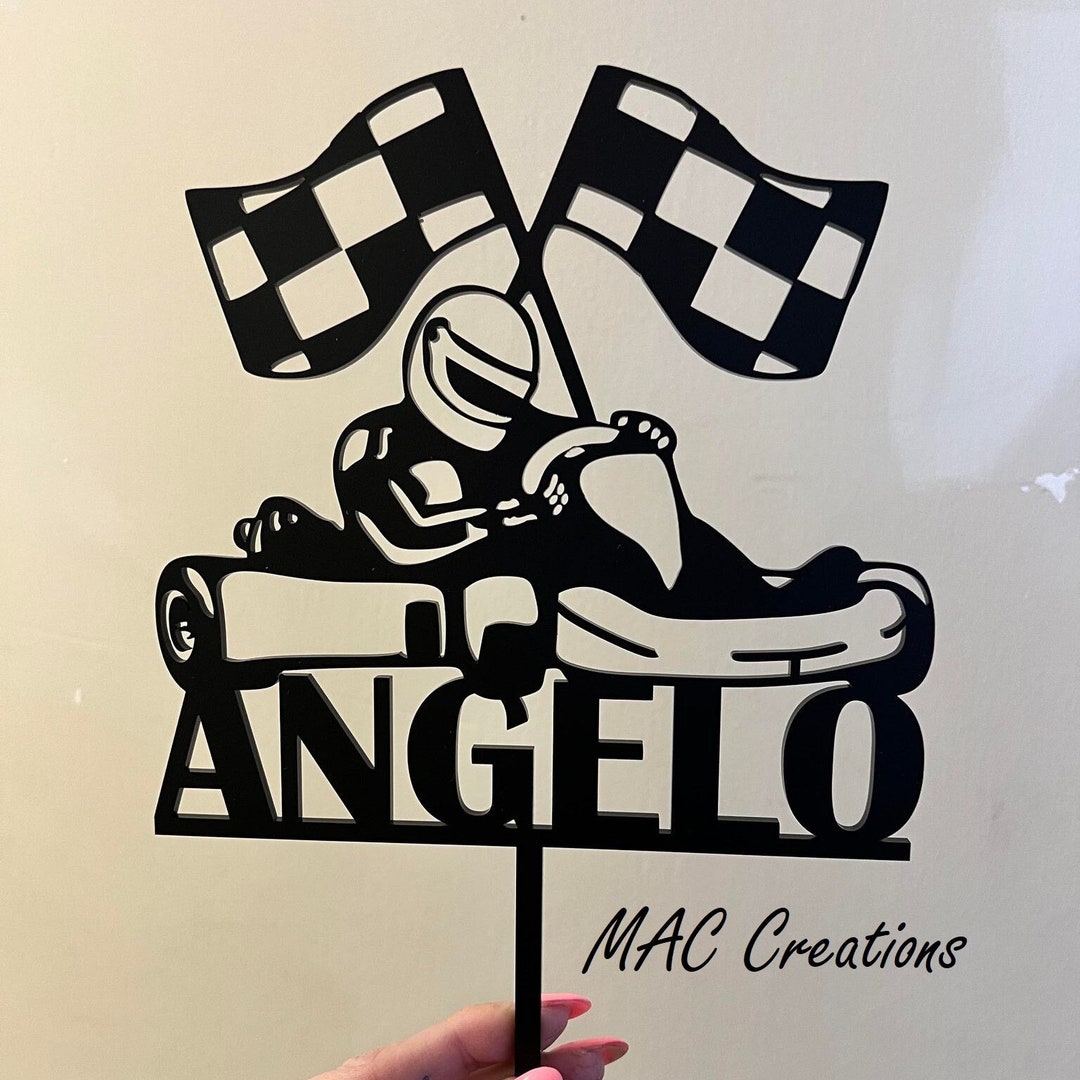 Go Kart Racing Birthday Cake Topper - 6.7" High Acrylic Decor With Checkered Flags For Kids Party - View #4