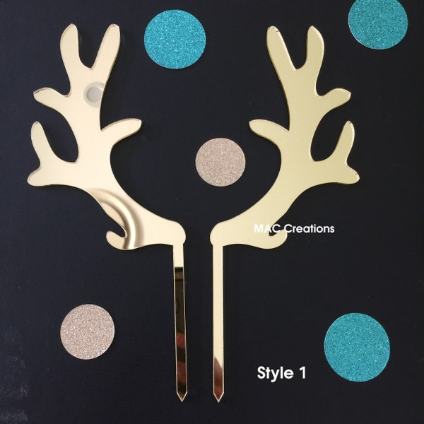 Reindeer Antlers Christmas Cake Topper Set -Acrylic Gold or Silver Mirror -2 styles - Rudolph -