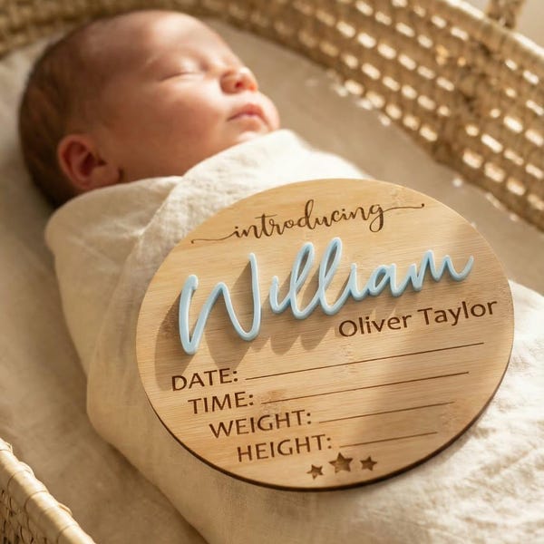 Placa de madera con detalles de nacimiento - Anuncio de nacimiento, placa con nombre, señal de llegada, regalo para bebé, decoración de habitación infantil, recién nacido