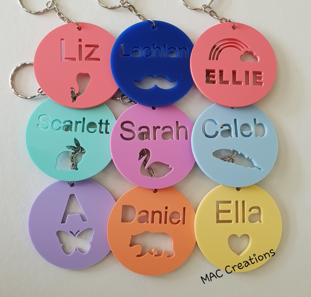 School Bag Tags / ANY DESIGN/ Custom Bag Tags / Acrylic Name Key Ring /  Kids Bag Tags / Keyring / Personalised Bag Tag / Kinder / Preschool - Etsy