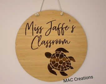 Personalised Teacher's Gift - Bamboo Wooden Teacher Door Sign Plaque - Turtle - Tortoise - sea life - ANY animal - Teacher sign
