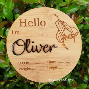 Wooden Birth Details Plaque - New Baby - Birth Announcement, Baby Name Plaque, Baby Arrival Sign, New Baby Gift, Nursery, Newborn Gum leaves