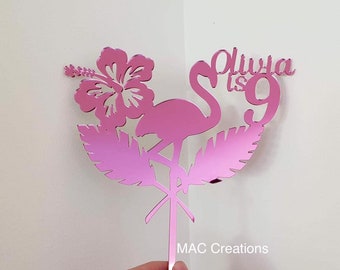 Personalised Flamingo Birthday Cake Topper - ACRYLIC or WOOD Tropical, leaf, hibiscus flower, hawaiian, luau