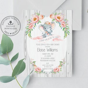 Elephant Baby Shower Invitation, EDITABLE TEMPLATE, Printable Elephant, Baby Girl, Pink Blush Floral, Boho, Rustic, Elephant Invite, EP4 image 1