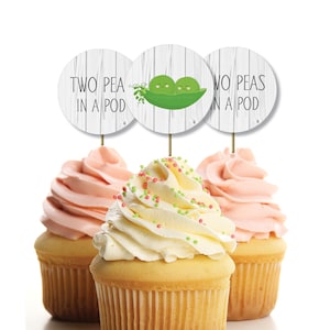 Boho Peas in a Pod Baby Shower Cupcake Toppers, Two Peas in a Pod Cupcake Toppers imprimables, Jumeaux, Autocollants, Rustique, Floral, Chic, BP1