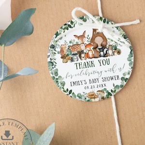 EDITABLE TEMPLATE Woodland Animals 2&quot; Circle Tags, Thank You Sticker Favors Printable Boy Girl Baby Shower Birthday Rustic Forest Green WG17