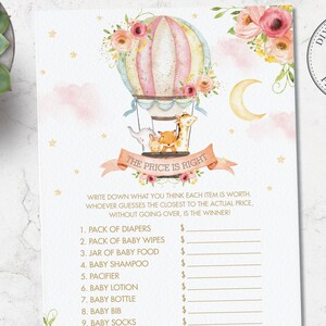 O preço é o jogo certo, DOWNLOAD INSTANTÂNEO, balão de ar quente floral rosa, animais da selva, chá de bebê, atividade de cartão de teste, faça você mesmo, PDF para impressão, HB7
