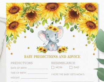 Baby Predictions and Advice Card, INSTANT DOWNLOAD, Rustic Chic Floral Sunflower Elephant Baby Shower Game Activity, Diy PDF Printable, EP8