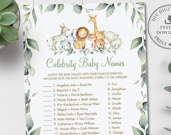 Fun Celebrity Baby Names Game, INSTANT DOWNLOAD, Greenery Jungle Animals Boy Girl Neutral Baby Shower Game Activity, Diy PDF Printable, JA5