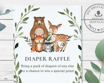 Woodland Diaper Raffle Card, INSTANT DOWNLOAD, Rustic Greenery Forest Animals Baby Shower, Pdf Insert Ticket Printable, INSTANT Download WG7