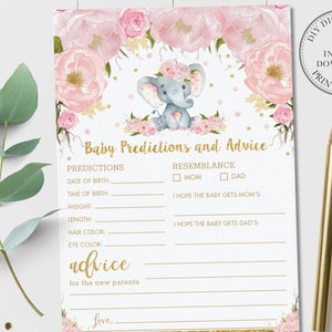 Predicciones del bebé elefante y tarjeta de consejo, descarga instantánea, blush rosa elefante floral bebé ducha actividad del juego, diy PDF imprimible, EP5
