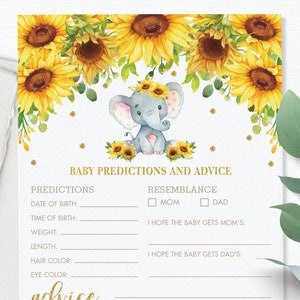 Baby voorspellingen en advies kaart, INSTANT DOWNLOAD, rustieke chique bloemen zonnebloem olifant baby douche spel activiteit, diy PDF afdrukbaar, EP8