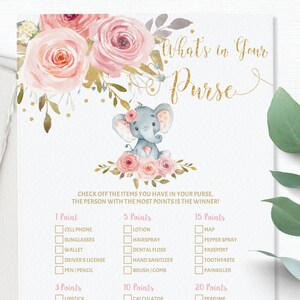What's in Your Purse Game, INSTANT DOWNLOAD, Chic Gold Blush Pink Floral Elephant Baby Shower Quiz Card Activity, Diy PDF Printable, PK2
