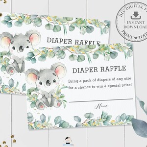 May include: Printable diaper raffle ticket with a koala bear illustration and green foliage. The text reads "Diaper Raffle" and "Bring a pack of diapers of any size for a chance to win a special prize!" with a line for a name.