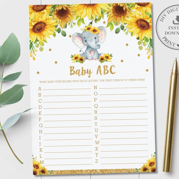 Baby ABC Game, INSTANT DOWNLOAD, Alphabet Baby Items A to Z Floral Sunflower Elephant Baby Shower Quiz Card Activity, Diy Pdf Printable, EP8