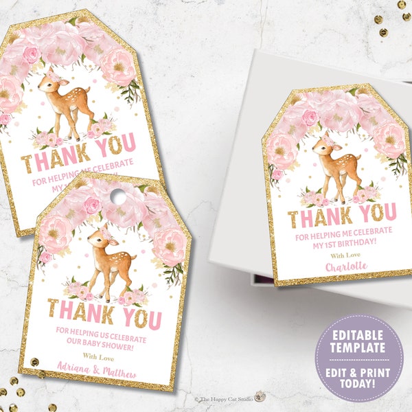 EDITABLE TEMPLATE Deer Thank You Tags, Favors, Deer Printable, Baby Shower Girl, Birthday, Baptism, Pink Floral, Glitter Gold, Woodland, DE1