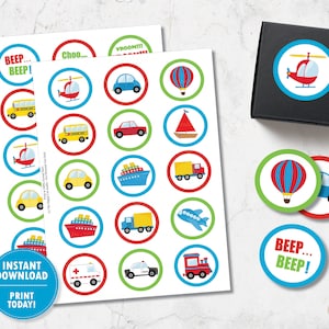 Transportation Birthday 2&quot; Round Labels, Cupcake Topper Sticker Favors Automobile Party Car Plane Train Truck Ship, Transport Printable, TR1