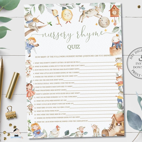 Nursery Rhyme Quiz, INSTANT DOWNLOAD, Guess Song Greenery Storybook Hey Diddle Diddle Baby Shower Game Card Activity Diy PDF Printable, NR1