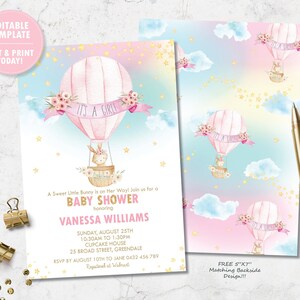 Inbjudan till luftballong, inbjudan till babyshower med luftballong, kanin, utskrivbart sött djur, flicka, nedladdningsbar mall, HB6