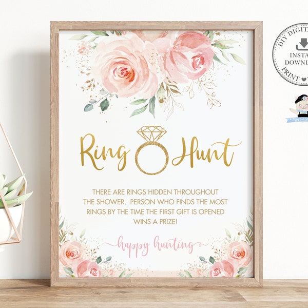 Ring Hunt Bridal Shower Game Sign, INSTANT DOWNLOAD, Blush Pink Floral Rose Flower Gold Find Rings Fun Game Activity, Diy PDF Printable, PK5
