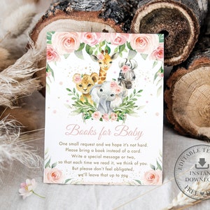 BEWERKBARE SJABLOON, Jungle dieren brengen boeken voor baby invoegen, blozen roze bloemen baby shower verjaardag extra info kaart afdrukbaar, INSTANT JA6