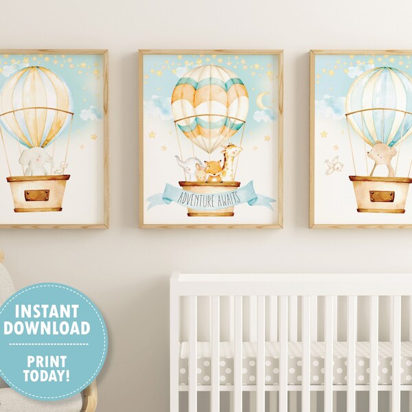 Arte de la pared del vivero del globo del aire caliente, animales lindos imprimibles, animal del bosque de la selva, niño, decoración caprichosa, habitación de los niños, DESCARGA INSTANTE HB5