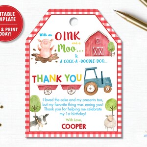 Modèle MODIFIABLE Animaux de la ferme mignons Merci étiquettes de faveur Rouge basse-cour 1er 2e 3e anniversaire Fête de naissance Baby Shower Téléchargement immédiat Imprimable BY1