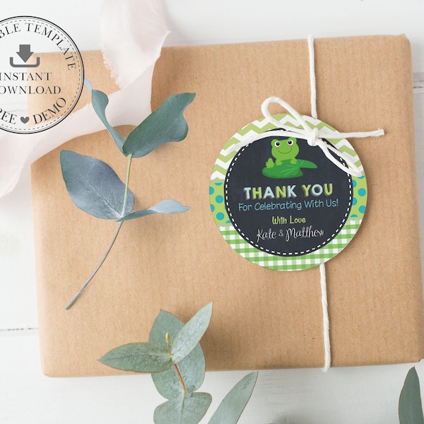 EDITABLE TEMPLATE Frog 2" Circle Tags, Thank You Sticker Favors Printable, Frogs Boy Baby Shower Birthday, Blue Green, INSTANT Download, FR2