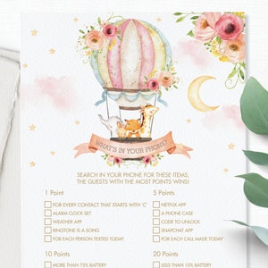 O que há no seu jogo para telefone, DOWNLOAD INSTANTÂNEO, Balão de ar quente floral rosa chique, animais, chá de bebê, atividade de cartão de teste, PDF DIY para impressão, HB7