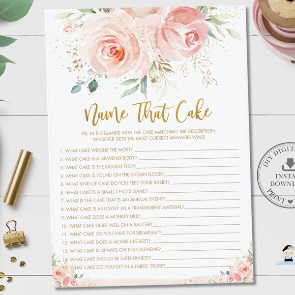 Name That Cake Bridal Shower Game, INSTANT DOWNLOAD, Chic Blush Pink Floral Flower Gold Fun Cake Guessing Activity, Diy PDF Printable, PK5