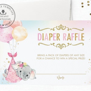 Elephant Diaper Raffle Card, EDITABLE TEMPLATE, Chic Baby Girl Balloons Virtual Diaper Ticket Insert, Pink Gold Diy Pdf INSTANT Download EP3