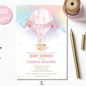 Hot Air Balloon Invitation, Elephant Hot Air Balloon Baby Girl Shower Invite, Elephant Printable, Diy Pdf INSTANT EDITABLE TEMPLATE, HB6 image 1