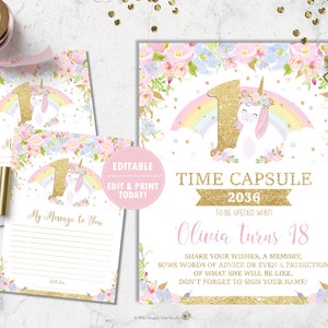 Cartel de la cápsula del tiempo de unicornio y tarjeta de mensaje, 1ª actividad de la fiesta de primer cumpleaños, archivo imprimible de unicornio lindo, PLANTILLA EDITABLE, UB3