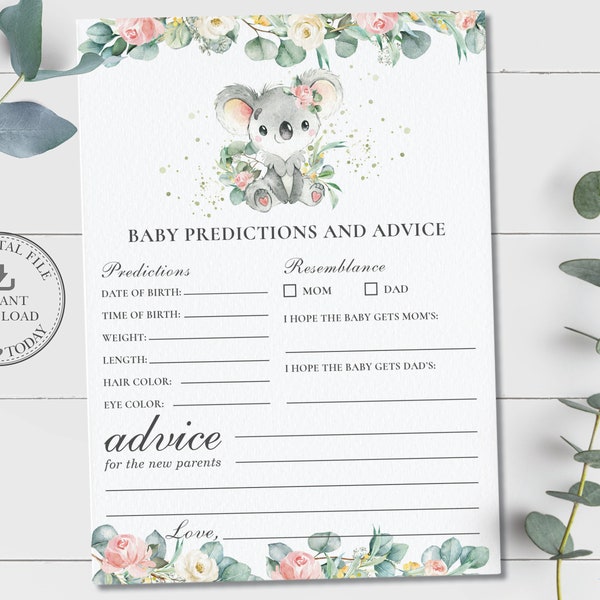 Baby Predictions and Advice Card, INSTANT DOWNLOAD, Greenery Pink Floral Eucalyptus Koala Baby Shower Game Activity, Diy PDF Printable, AU2