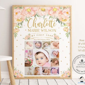 Baby Girl First Year Photo Collage, EDITABLE TEMPLATE, Peach Floral Gold 1st Birthday Milestone Sign Printable, Decor, INSTANT Download, PF2 image 1