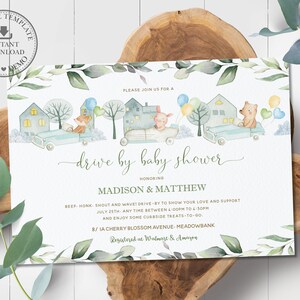 May include: A blue and white baby shower invitation with a drive-by theme. The invitation features a watercolor illustration of animals driving cars with balloons. The text reads "Please join us for a drive by baby shower honoring Madison & Matthew. Beep, honk, shout and wave! Drive-by to show your love and support July 25th any time between 6:00pm to 4:30pm and enjoy some curbside treats-to-go. 8/1A Cherry Blossom Avenue, Meadowbank. Registered at Walmart & Amazon."