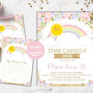 Rainbow You're My Sunshine Time Capsule pôster e cartão de mensagem, primeira atividade de festa de aniversário, arquivo para impressão, MODELO EDITÁVEL