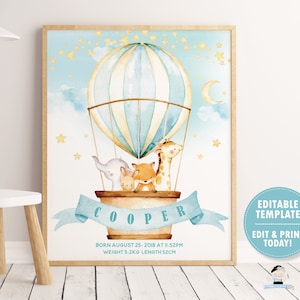 EDITABLE Hot Air Balloon Nursery Wall Art, Cute Animals Printable, Birth Stats, Jungle Woodland Animals, Baby Boy, Whimsical Decor, HB5 image 1