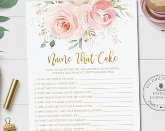 Name That Cake Bridal Shower Game, INSTANT DOWNLOAD, Chic Blush Pink Floral Flower Gold Fun Cake Guessing Activity, Diy PDF Printable, PK5