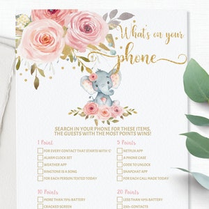 Wat zit er in je telefoonspel, instant download, chic gold blush roze bloemen olifant baby shower quiz kaart activiteit, Diy PDF Printable, PK2