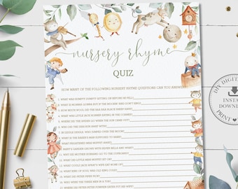 Nursery Rhyme Quiz, INSTANT DOWNLOAD, Guess Song Greenery Storybook Hey Diddle Diddle Baby Shower Game Card Activity Diy Printable, NR1