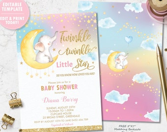 May include: A pink and blue baby shower invitation with a gold glitter background. The invitation features a cartoon elephant sitting on a yellow crescent moon with stars. The text on the invitation reads "Twinkle Twinkle Little Star, Do You Know How Loved You Are?" and "Please Join Us For A Baby Shower Honoring Diana Barry".
