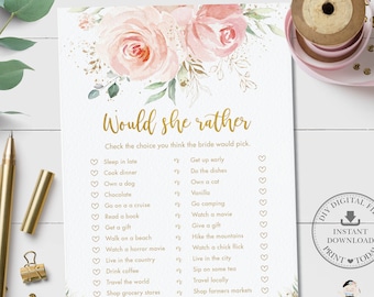 Bridal Shower Would She Rather Game, INSTANT DOWNLOAD, Chic Blush Pink Floral Flower Gold Fun Guessing Activity, Diy PDF Printable, PK5