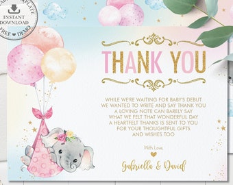 Elephant Baby Shower Thank You Note Card, INSTANT Download, Whimsical Girl Chic Elephant Balloon Printable, Diy Pdf EDITABLE TEMPLATE, EP3