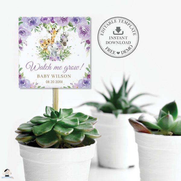 EDITABLE TEMPLATE Jungle Animals Watch Me Grow 2" Square Tags, Purple Floral Succulent Thank You Favors Gift Printable PDF, Baby Shower, JA8