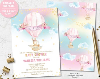 Hot Air Balloon Invitation, Hot Air Balloon Baby Shower Invitation, Bunny, Cute Animal Printable, Baby Girl, EDITABLE TEMPLATE Download, HB6