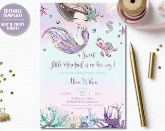 Mermaid Baby Shower Invitation Instant Download, Whimsical Purple Baby Sprinkle Under the Sea Turtle Printable, Diy EDITABLE TEMPLATE, MT2