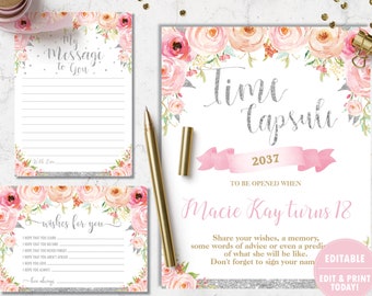 May include: Printable time capsule cards with pink floral designs. The cards have the text "Time Capsule 2037" and "To be opened when Macie Kay turns 18".