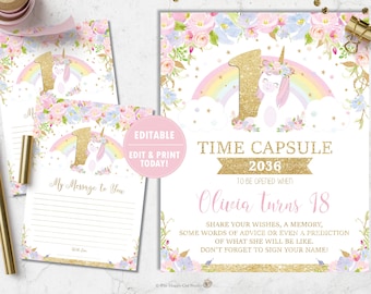 Unicorn Time Capsule Poster Sign and Message Card, 1st First Birthday Party Activity, Cute Unicorn Printable File, EDITABLE TEMPLATE, UB3